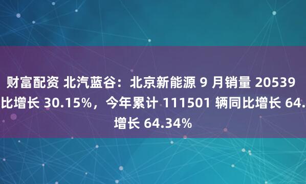 财富配资 北汽蓝谷：北京新能源 9 月销量 20539 辆同比增长 30.15%，今年累计 111501 辆同比增长 64.34%